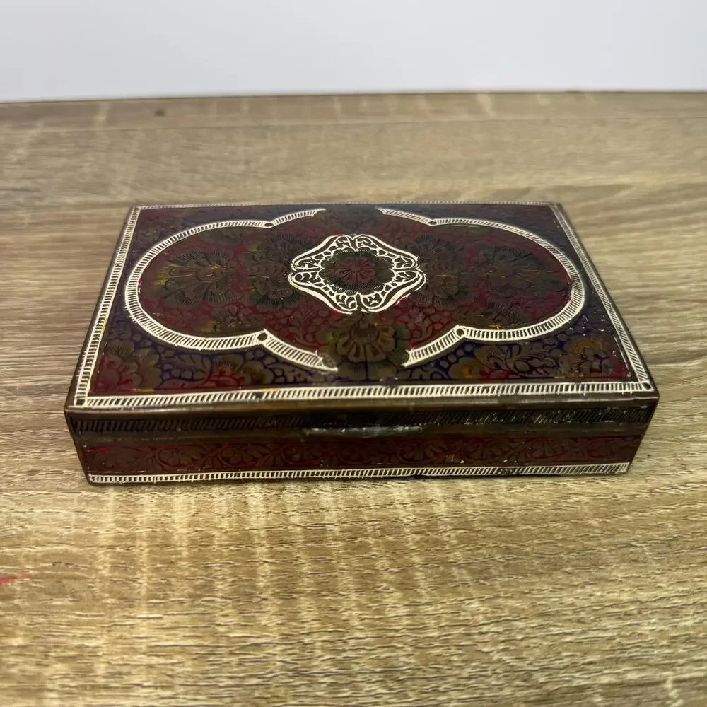 Vintage Brass Cigarette Holder Intricate Ornate Trinket Box Wood Lined